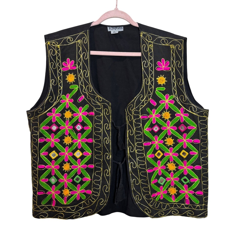 y2k Black Embroidered Mirror Vest Women's 2X Boho Festival Mirrorwork Tassel Tie - Picture 1 of 9